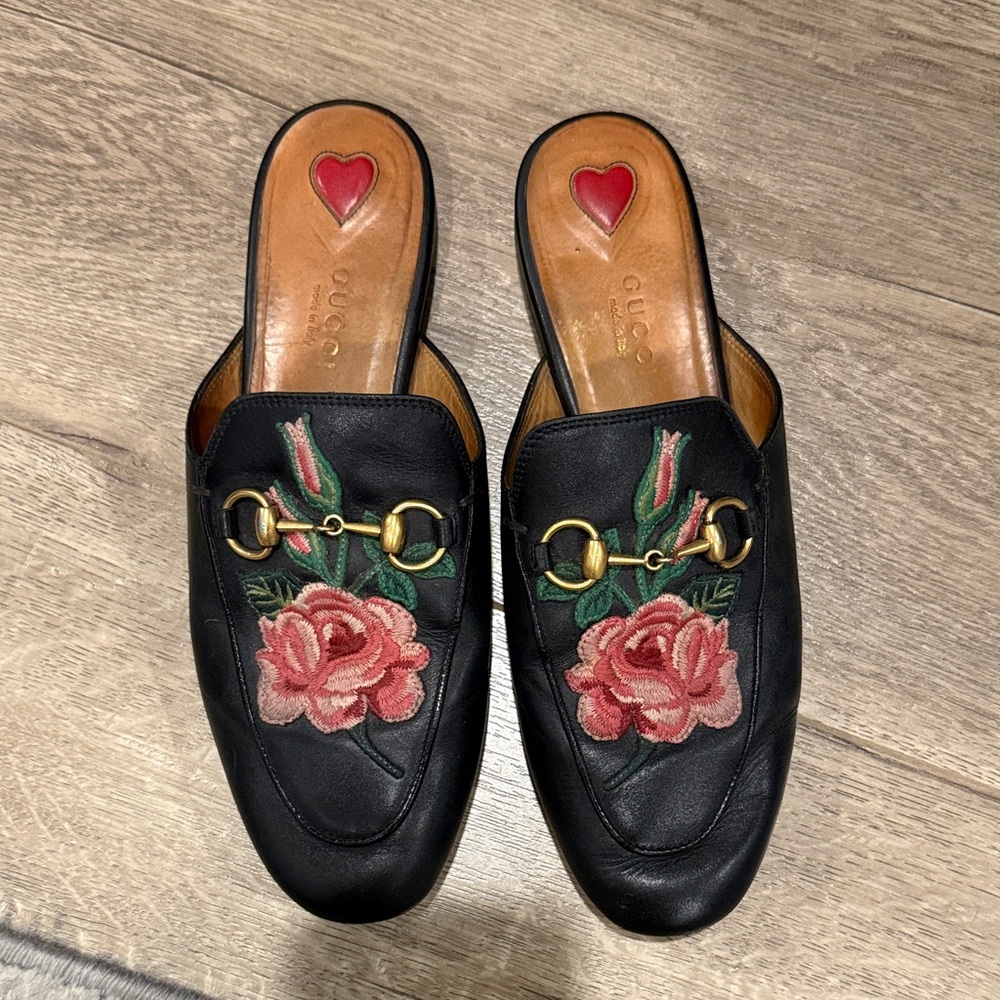 Gucci Black Mules with Pink Floral Embroidery